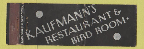 Matchbook Cover - Kaufmann's Restaurant Bird Room Battle Creek? MI Full Length