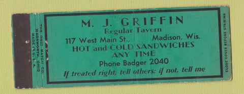Matchbook Cover - MJ Griffin Tavern Madison WI Full Length