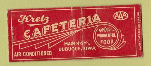 Matchbook Cover - Kretz Cafeteria Dubuque IA BOBTAIL