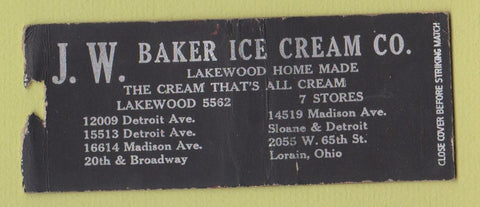 Matchbook Cover - JW Baker Ice Cream Lakewood OH Lorain WEAR BOBTAIL