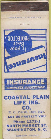 Matchbook Cover - Coastal Plain Life Insurance Washingtion NC POOR
