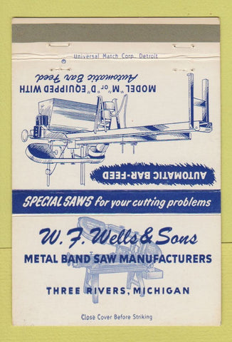 Matchbook Cover - WF Wells Metal Band Saws Three Rivers MI 40 Strike