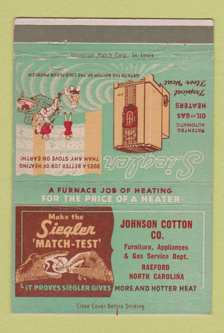 Matchbook Cover - Siegler Heaters Johnson Cotton Raeford NC 40 Strike