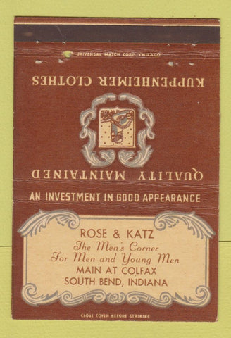 Matchbook Cover - Kuppenheimer Men's Clothes South Bend IN Rose Katz 40 Strike