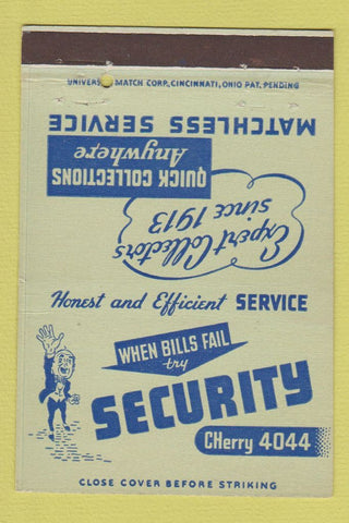 Matchbook Cover - Security Collecting debt Cincinnati OH 40 Strike
