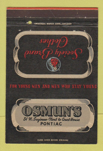Matchbook Cover - Society Men's Clothes Osmun's Pontiac MI 40 Strike