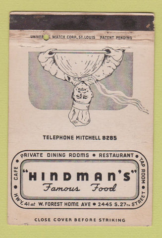 Matchbook Cover - Hindman's Restaurant Milwaukee WI WEAR 40 Strike