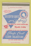 Matchbook Cover - Pacific Coast Claim Adjusters Los Angeles CA 40 Strike
