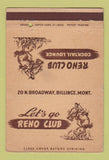 Matchbook Cover - Reno Club Billings MT 40 Strike