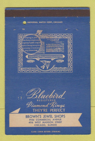 Matchbook Cover - Bluebird Diamond Rings Jewelry Brown's Chicago IL 40 Strike