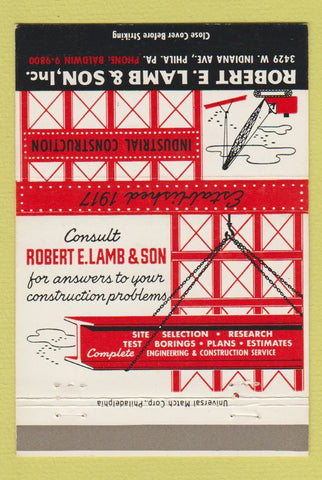 Matchbook Cover - Robert Lamb Industrial Construction Philadelphia PA 40 Strike