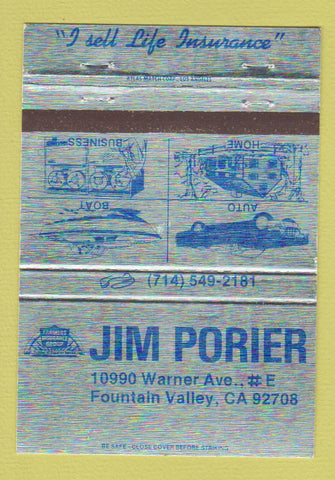 Matchbook Cover - Jim Porier Farmers Insurance Fountain Valley CA 40 Strike