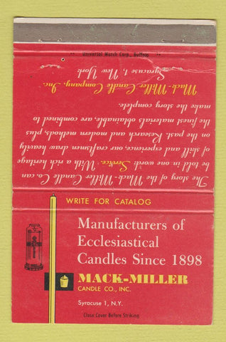 Matchbook Cover - Sack Miller Candle Company Syracuse NY 40 Strike