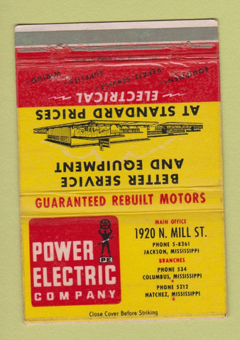 Matchbook Cover - Power Electric Company Jackson MS Natchez Columbus 40 Strike