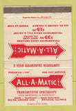 Matchbook Cover - All A Matic Transmission Chicago IL WEAR 40 Strike