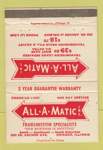 Matchbook Cover - All A Matic Transmission Chicago IL WEAR 40 Strike