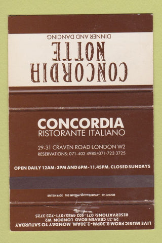 Matchbook Cover - Concordia Notte Restaurant Italian London UK England 40 Strike