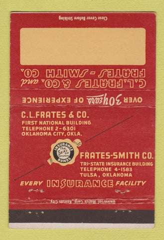 Matchbook Cover - CL Frates Insurance Tulsa Oklahoma City OK 40 Strike