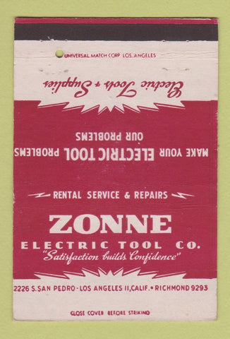 Matchbook Cover - Zonne Electric Tool Los Angeles CA 40 Strike