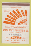 Matchbook Cover - North State Pyrophyllite Greensboro NC plastics 40 Strike