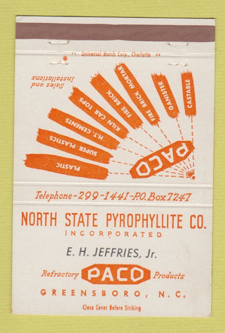Matchbook Cover - North State Pyrophyllite Greensboro NC plastics 40 Strike