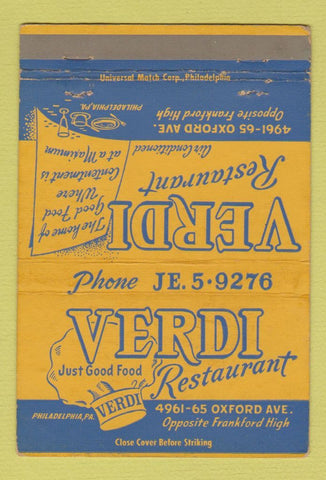 Matchbook Cover - Verdi Restaurant Philadelphia PA WEAR 40 Strike