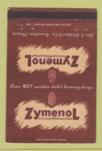 Matchbook Cover - Zymenol Otis Glidden Evanston IL Brewer's Yeast beer 40 Strike