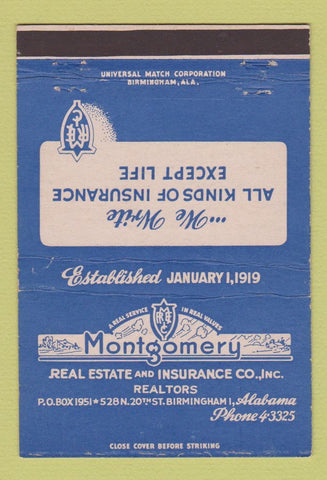 Matchbook Cover - Montgomery Real Estate Insurance Birmingham AL 40 Strike
