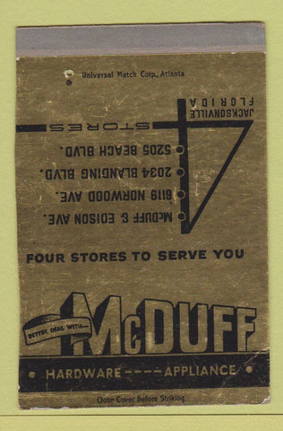 Matchbook Cover McDuff Hardware Appliance Jacksonville FL WEAR SAMPLE 40 Strike