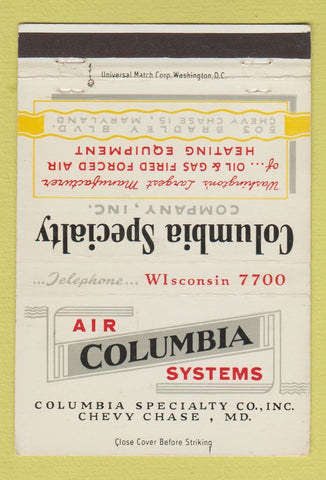 Matchbook Cover - Columbia Air Systems Heating Chevy Chase MD 40 Strike