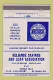 Matchbook Cover - Reliance Savings and Loan Altoona PA 40 Strike