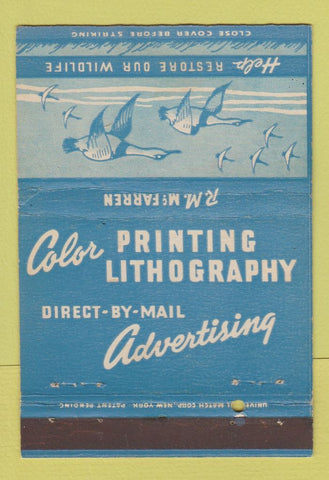 Matchbook Cover - Color Printing Lithography Buffalo NY Rm McFarren 40 Strike