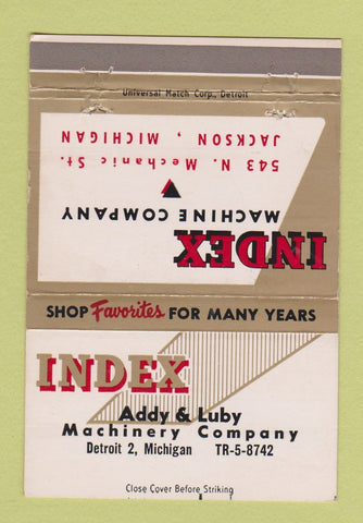 Matchbook Cover - Index Machine Addy Luby Detroit Jackson MI 40 Strike