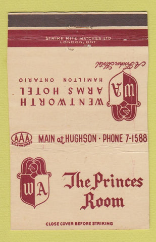 Matchbook Cover - Wentworth Arms Hotel Hamilton ON Princes Room 40 Strike