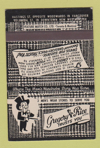 Matchbook Cover - Gregory Rice Men's Clothes Vancouver BC 22 Strike Feature