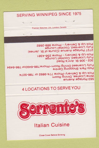 Matchbook Cover - Sorrento's Italian Restaurant Winnipeg MB 40 Strike