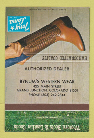 Matchbook Cover Tony Lama Cowboy Boots Bynum's Grand Junction Colorado 40 Strike