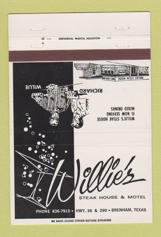 Matchbook Cover - Willie's Steak House Motel Brenham TX 40 Strike