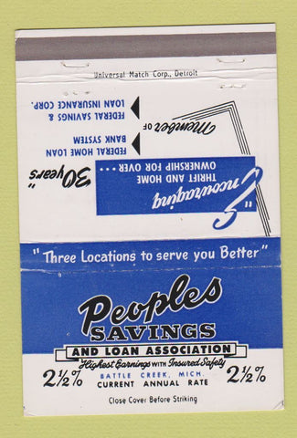 Matchbook Cover - Peoples Savings and Loan Battle Creek MI 40 Strike