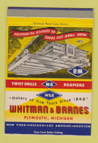 Matchbook Cover - Whitman & Barnes Tools Plymouth MI 40 Strike
