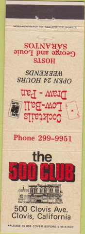 Matchbook Cover - The 500 Club Clovis CA