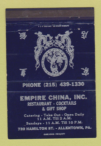 Matchbook Cover - Empire China Restaurant Allentown PA Chinese BLUE 40 Strike