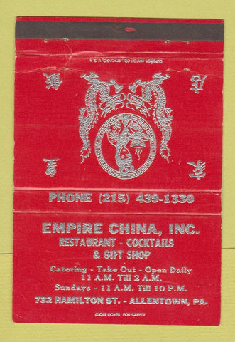 Matchbook Cover - Empire China Restaurant Allentown PA Chinese RED 40 Strike
