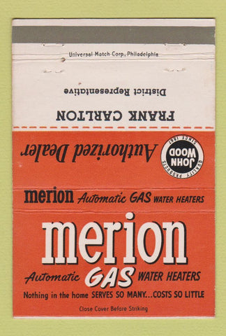Matchbook Cover - Merion Gas Water Heaters Frank Carlton John Wood 40 Strike