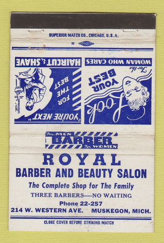 Matchbook Cover - Royal Barber Beauty Salon Muskegon MI WEAR 40 Strike