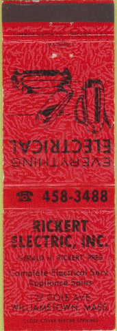 Matchbook Cover - Rickert Electric Williamstown MA red