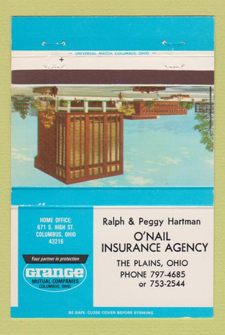 Matchbook Cover - O'Nail Insurance Agency The Plains OH Grange 40 Strike