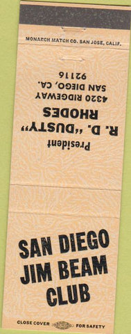 Matchbook Cover - San Diego Jim Beam Club San Diego CA peach
