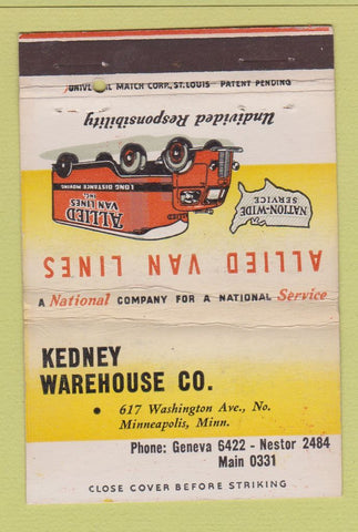 Matchbook Cover - Allied Van Lines Trucking Kedney Minneapolis MN 40 Strike