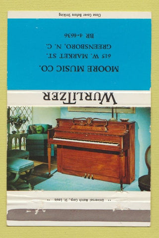 Matchbook Cover - Wurlitzer Organs Moore Music Greensboro NC 40 Strike